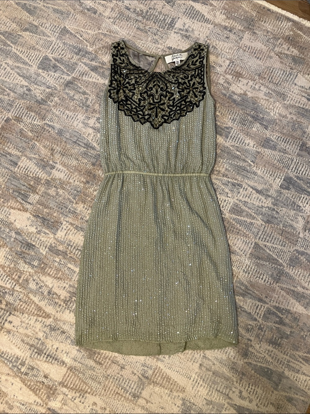 Badgley Mischka Olive Green Mini Cocktail Dress with Black Beaded neckline